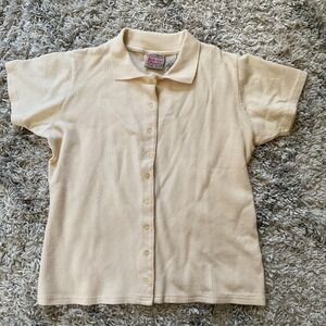 Vintage Kikomo Cream Textured Waffle Knit Button Down Polo Shirt M